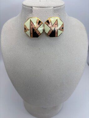 Sea Gems SG Vintage Hexagonal Art Deco Gold Tone Cloisonne Enamel Post Earrings